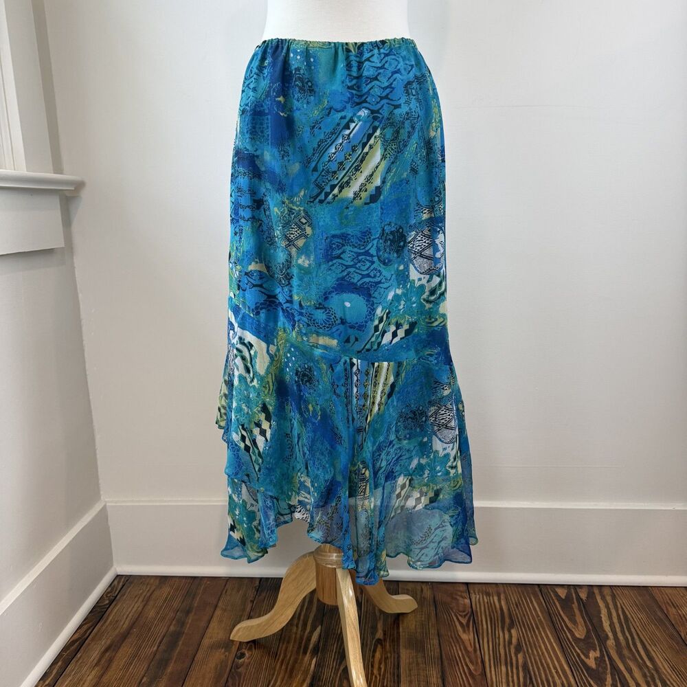 Vintage Chicos Silk Midi Maxi Skirt Blue Abstract, Tagged Size 2